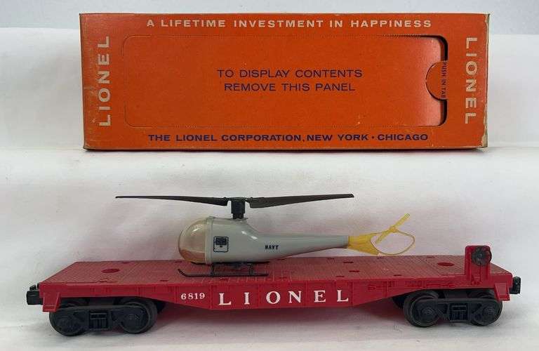 Postwar Lionel O Gauge 6819 flatcar with helicopter in original box image