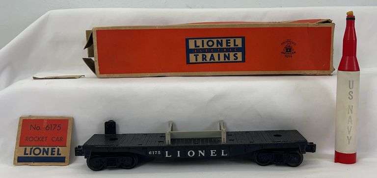 Postwar Lionel O Gauge 6175 Rocket Car in original box w/rocket image