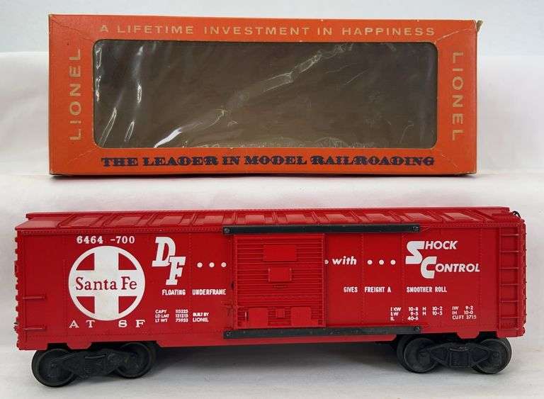 Postwar Lionel O Gauge 6464-700 Santa Fe type IV box car in Hillside picture window box image