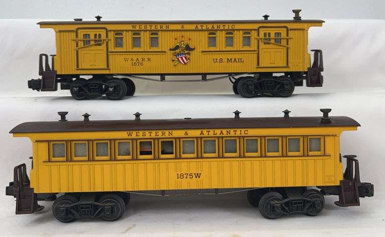 Postwar Lionel O Gauge 1875W illuminated W.&A.R.R. coach with whistle 1876 illuminated W.&A.R.R. U.S. Mail image
