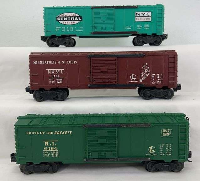 Postwar Lionel O Gauge 6464-25 RI, 6464-50 MStL and 6464-900 NYC boxcars image