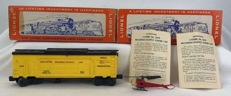 Postwar Lionel O Gauge 3619 Helicopter Reconnaissance Car w/two original boxes image