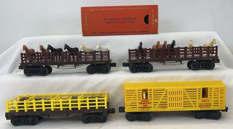 Postwar Lionel O Gauge 1877, 1877, 1877 General flat cars w/12 horses & 1 box 6473 horse car image
