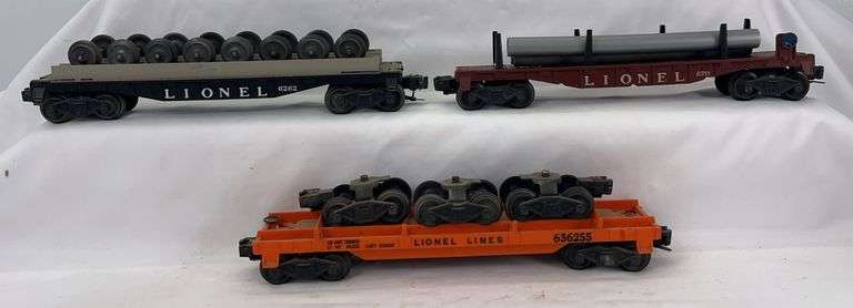 Postwar Lionel O Gauge 6262 wheel car, 6311 flat w/pipes, 6362 rail truck car image
