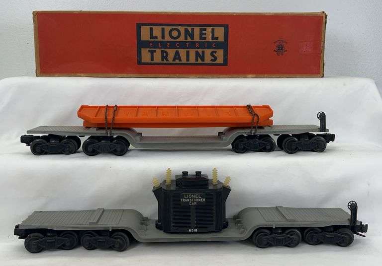 Postwar Lionel O Gauge 6418 machinery car w/load and 6518 transformer car w/box image