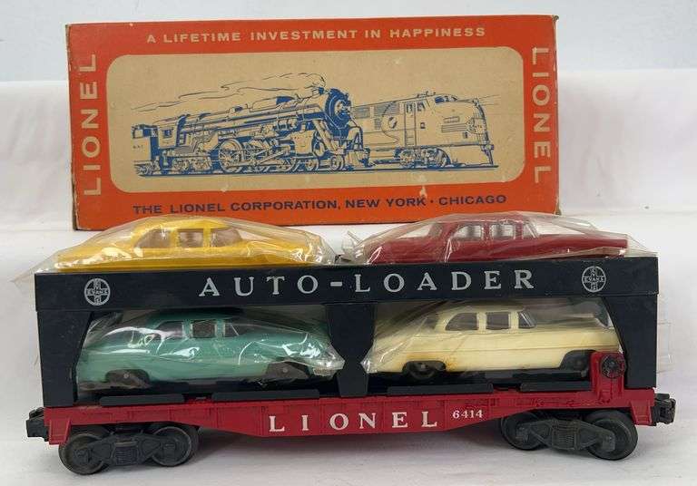 Postwar Lionel O Gauge 6414 Evans Auto-Loader Automobile Transport Car in 6414-85 box w/premium autos image