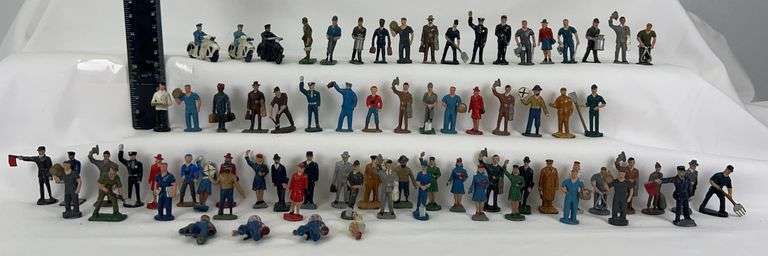 Large Lot of Assorted Die-cast Metal Figures marked Erie railroad, city workers, farm workers, motorcycle police, MORE image