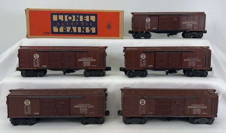 Postwar Lionel O Gauge five X2458 Pennsylvania double door automobile cars w/one box one X2758 PRR Auto car image