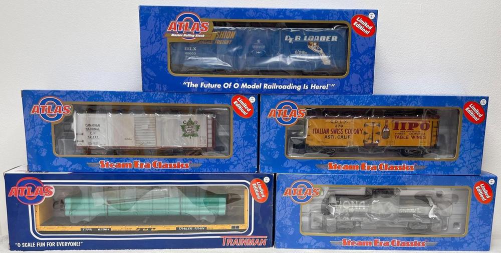 Modern Era Atlas O gauge Steam Era Classics and Trainman freight cars in original boxes five trains