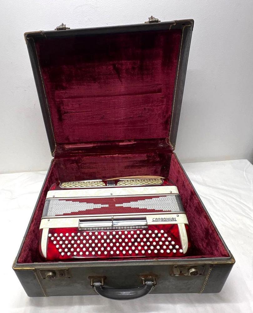 Carbonari Accordion Red White Gold in period leather case