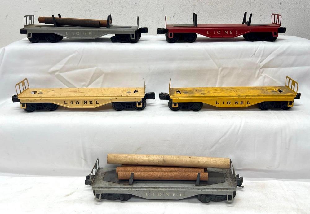 Postwar Lionel O Gauge five 6111/6121 flat cars color lettering variation