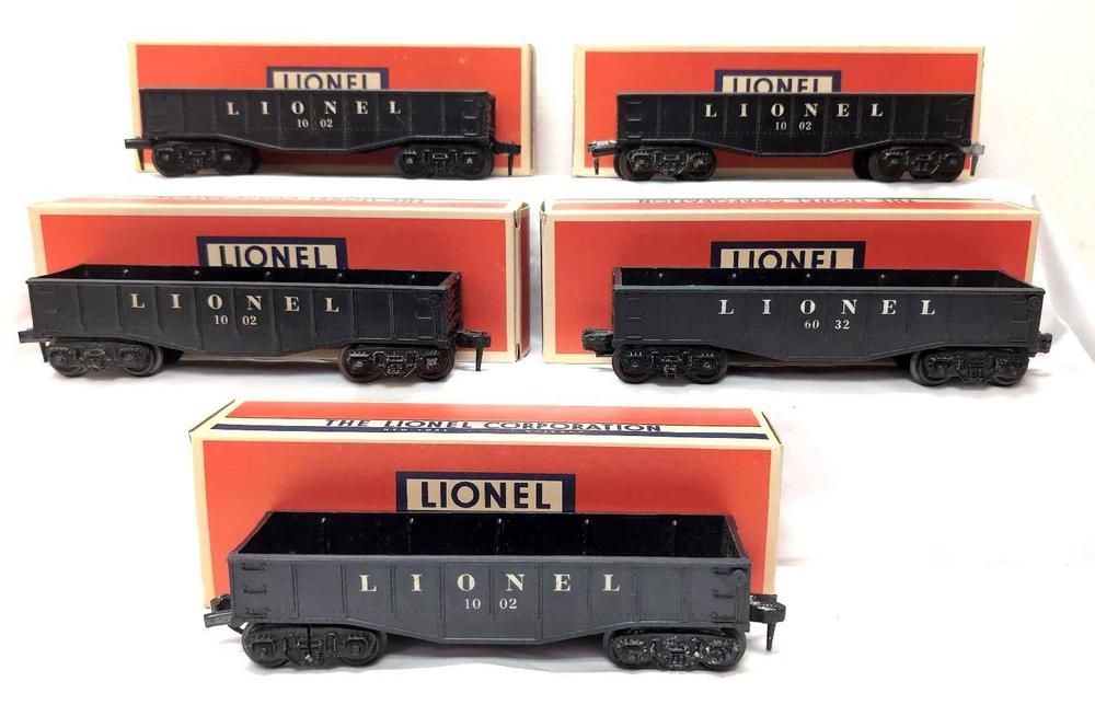 Postwar Lionel O Gauge four 1002 one 6032 gondolas