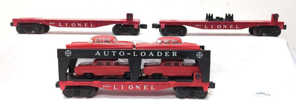 Postwar Lionel O Gauge 6807 6809 6414 red autos gray