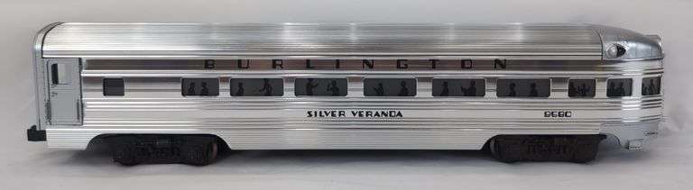 Six Lionel O Gauge Illuminated Burlington Aluminum Passenger Cars unrun in box
