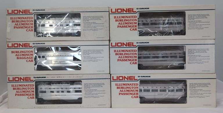 Six Lionel O Gauge Illuminated Burlington Aluminum Passenger Cars unrun in box image