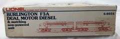 Modern Era Lionel O Gauge Burlington F3A Dual Motor Diesel units in box, unrun
