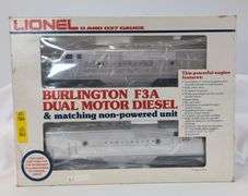 Modern Era Lionel O Gauge Burlington F3A Dual Motor Diesel units in box, unrun