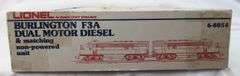 Modern Era Lionel O Gauge Burlington F3A Dual Motor Diesel units in box, unrun