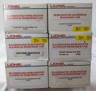 Six Lionel O Gauge Illuminated Burlington Aluminum Passenger Cars unrun in box