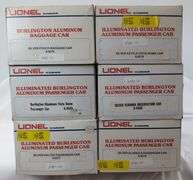 Six Lionel O Gauge Illuminated Burlington Aluminum Passenger Cars unrun in box