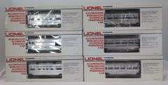 Six Lionel O Gauge Illuminated Burlington Aluminum Passenger Cars unrun in box