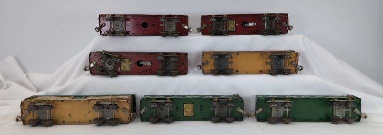 Prewar American Lines O Gauge 3207 sand cars, 3211 caboose, box cars