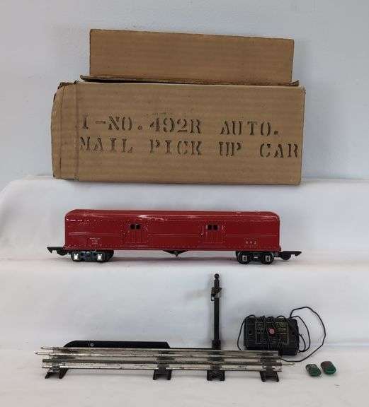 Prewar American Flyer Lines O Gauge 492R Auto Mail Pick Up Car in Box, Track & Accessories image
