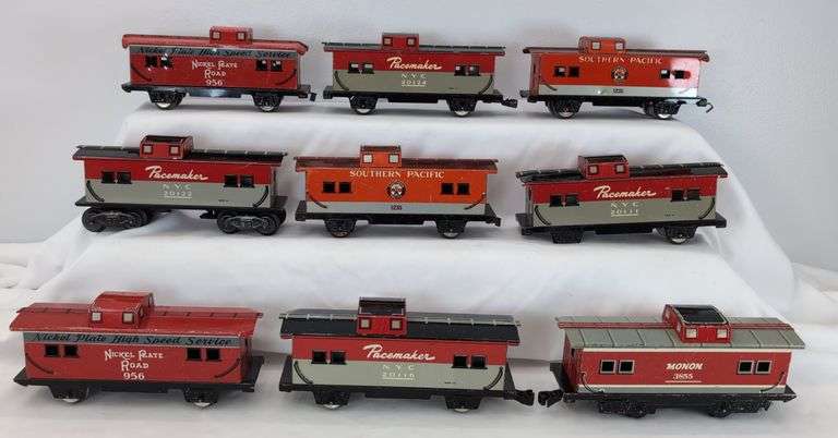 Marx O Gauge lithographed tinplate Cabooses - Southern Pacific, NYC, ATSF, Monon, NKP