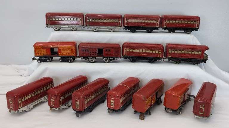 Lot of 15 Marx O Gauge red Bogota, Montclair, Observation, 547 REA, USM-1953 passenger trains image
