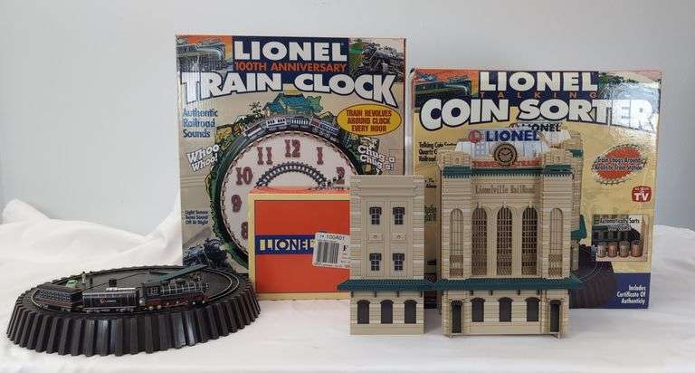 Lionel 100th Anniversary Train Clock, Coin Sorter, and Hand Car in box