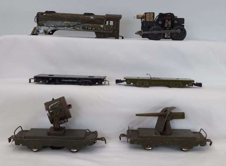 Marx O Gauge 500 Army Supply Train loco, cannon, searchlight, flat cars