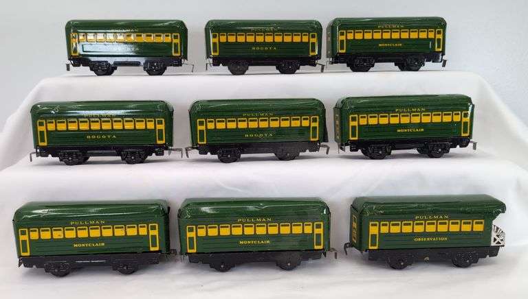 Marx O Gauge green Pullman passenger cars Bogota, Montclair, Observation
