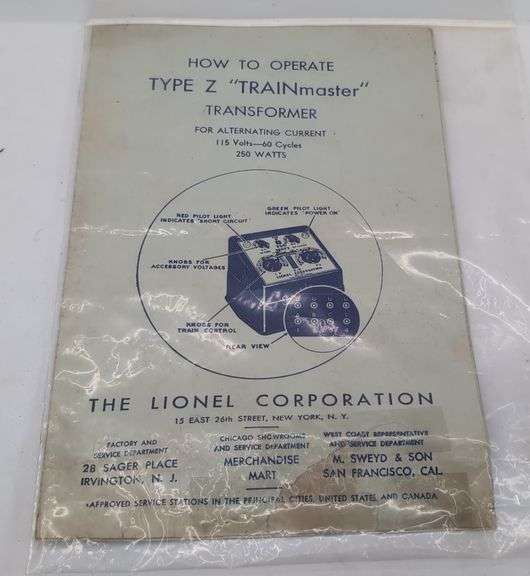 Lionel Trainmaster Type Z 250 Watt Transformer with Instructions
