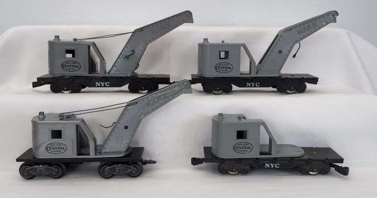 Marx O Gauge 4 & 8 wheel NYC Gray Train Crane Cars - Lot of 4