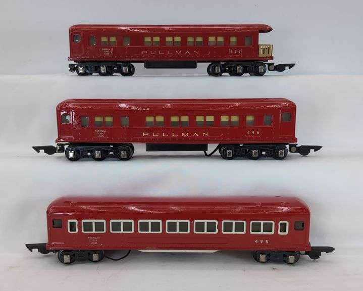 Prewar American Flyer O Gauge 495, 496, 497 Red Pullman passenger cars with boxes