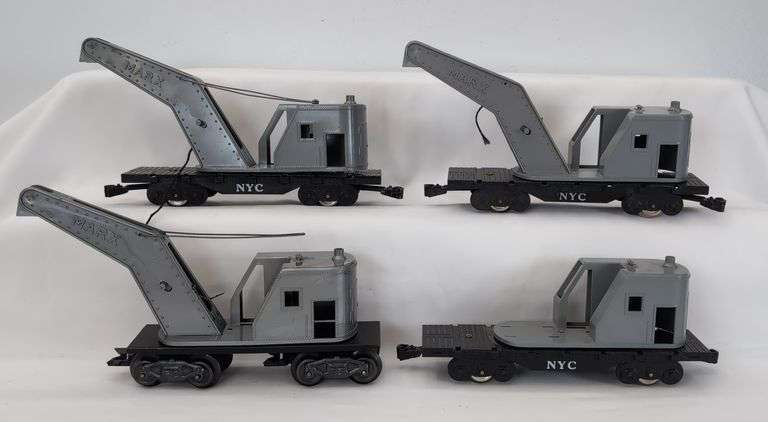 Marx O Gauge 4 & 8 wheel NYC Gray Train Crane Cars - Lot of 4
