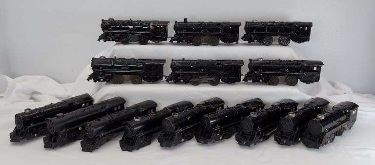 Lot of 15 Marx O Gauge electric, battery op, key wind steam locomotives