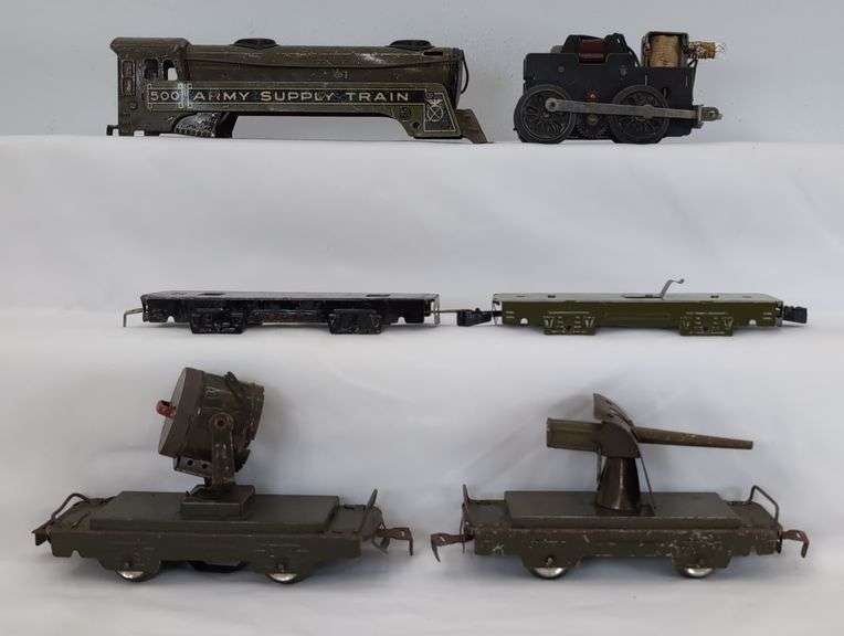 Marx O Gauge 500 Army Supply Train loco, cannon, searchlight, flat cars