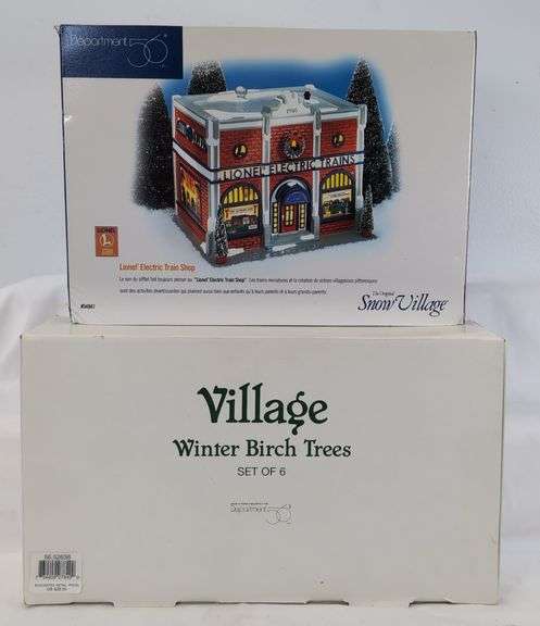 Department 56 Snow Village Winter Birch Trees and Department 56 Lionel Electric Train Shop image