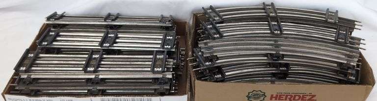 Large Lot of Postwar Lionel standard O Gauge straight (24) and curved (29) shiny rail track image