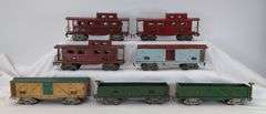 Prewar American Lines O Gauge 3207 sand cars, 3211 caboose, box cars