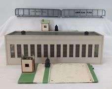 Postwar American Flyer S Gauge terminal/station, crossing gates w/shacks, girder plate bridges