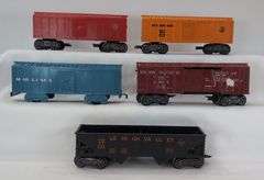 Lot of 27 Marx O Gauge tank, box, flat, hopper, gondola, searchlight cars