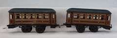 Prewar O Gauge lithographed tinplate European style passenger coaches Bing 2-rail O ga bumper
