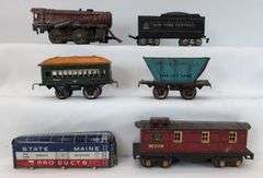 Mixed Lot of Early Tinplate Sheet Metal Toy Train Cars Ives, Marx Joy Line
