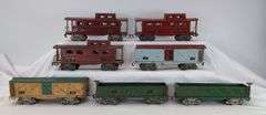 Prewar American Lines O Gauge 3207 sand cars, 3211 caboose, box cars