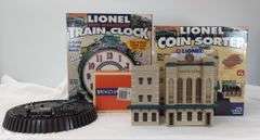 Lionel 100th Anniversary Train Clock, Coin Sorter, and Hand Car in box