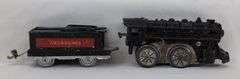 Prewar cast iron key wind loco with IVES R.R. Lines lithographed tinplate tender
