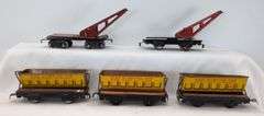 Marx O Gauge three 567 NYC side dumping cars two operating derrick crane cars