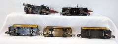Marx O Gauge three 567 NYC side dumping cars two operating derrick crane cars